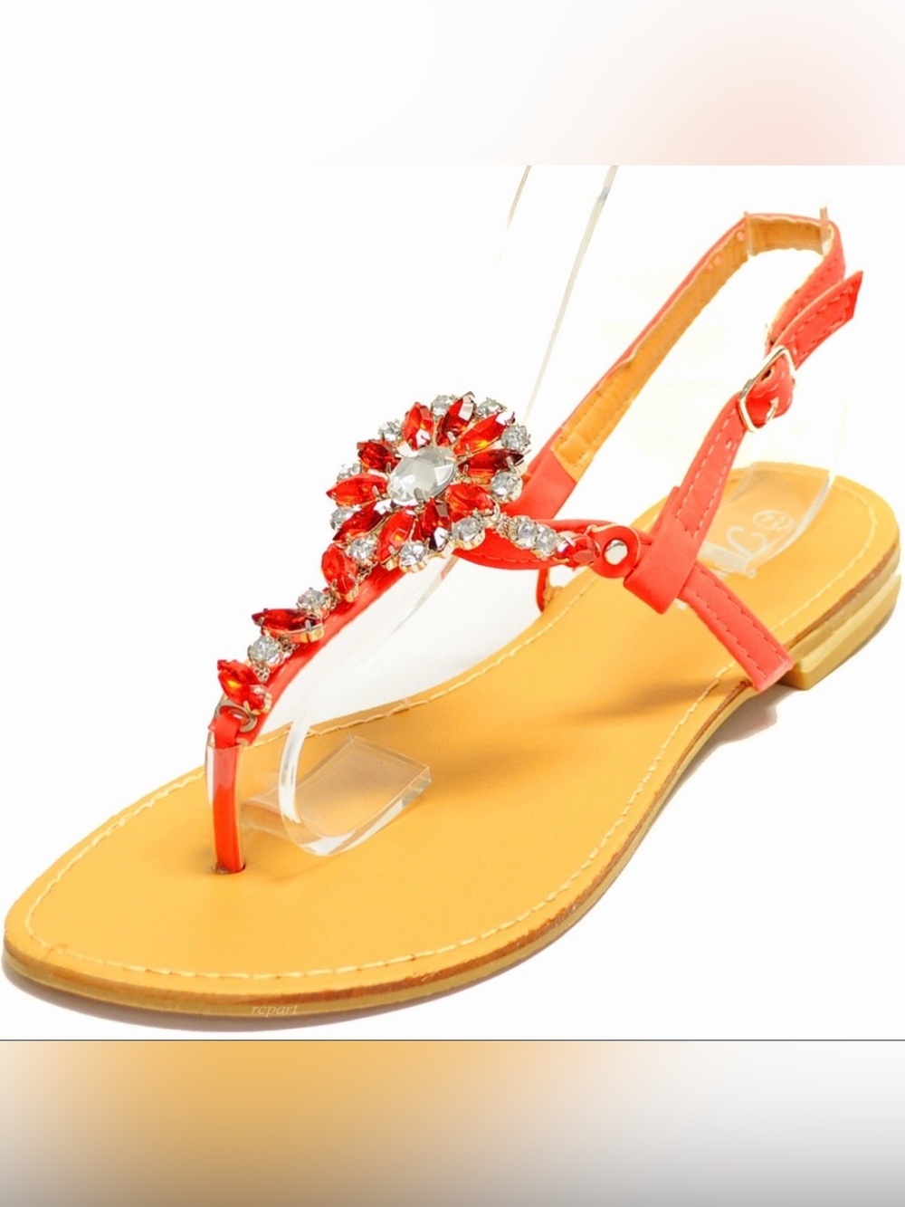 Embellished Coral T-Strap Flat Sandals